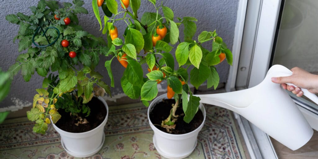 two small potted tomato plants on a terrace being watered
