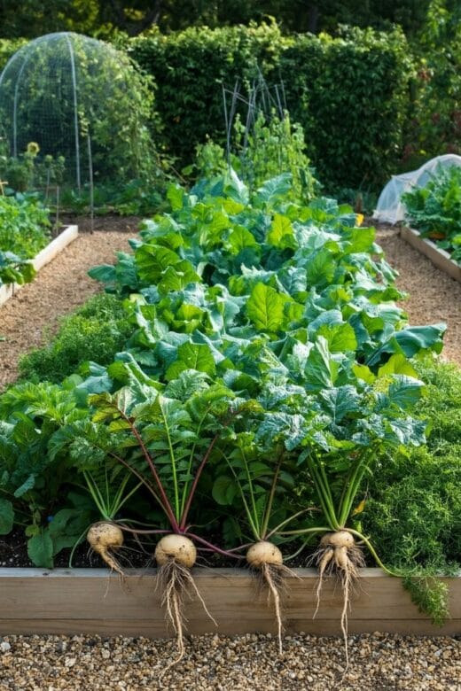 image of root vegetables in a a garden planter