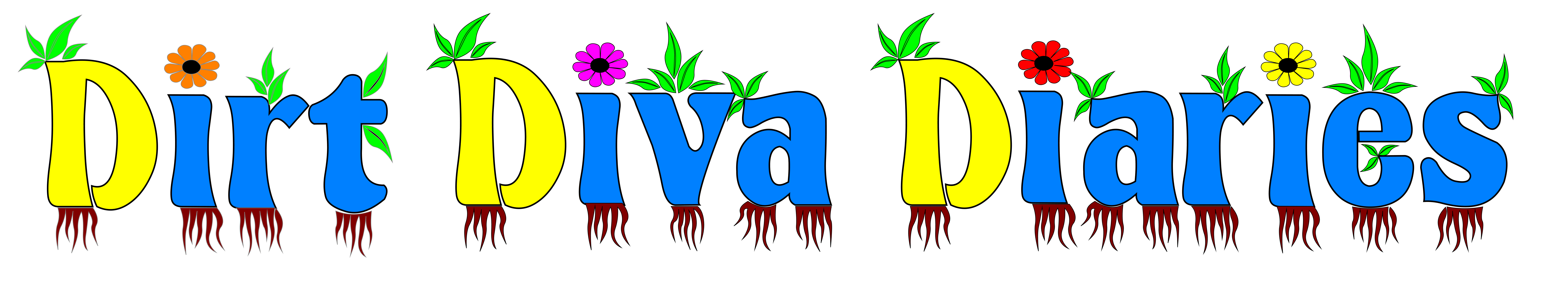 Dirt Diva Diaries in a custom logo font with flowers and roots coming out of the letters