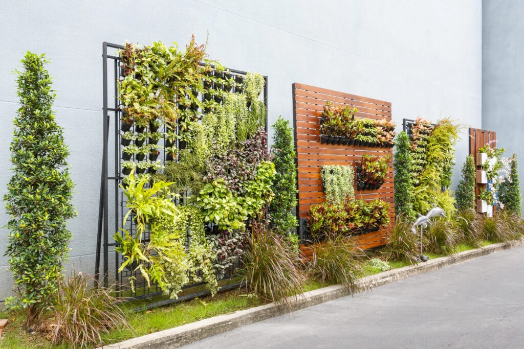 Beautiful vertical garden in city around office building