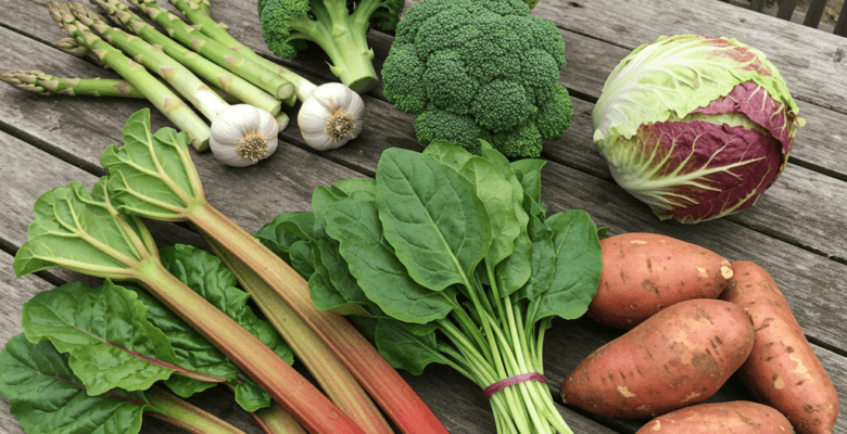 assorted nutrient-rich perennial vegetables on a table