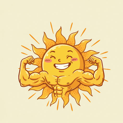 a smiling cartoon soon with abs and flexed biceps meant to show the power of the sun in a process called soil solarization